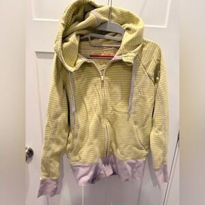 GapFit Women’s L Yellow Gray Striped Full Zip Hoodie Fleece Lined Thumb Holes